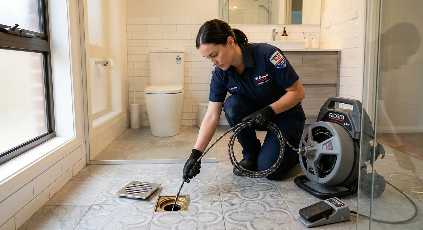 Technician clearing a bathroom floor drain for Drain Repair in Cave Creek